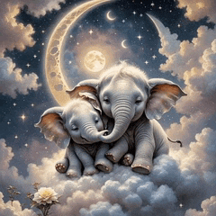 two baby elephants are sitting on a cloud in front of a crescent moon