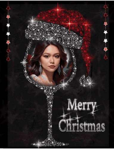 a christmas card with a woman in a wine glass