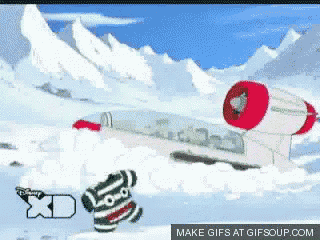 a cartoon of a plane in the snow with a xd logo on the bottom