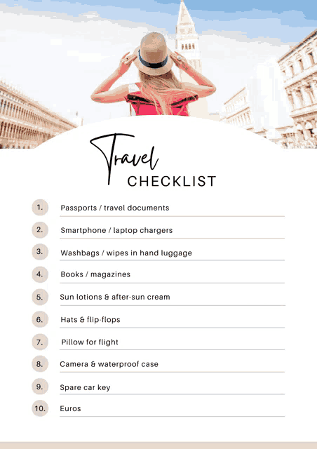 a travel checklist with a woman in a hat