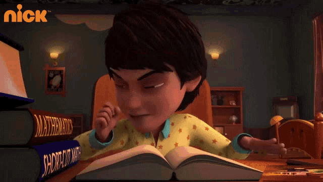 a cartoon of a boy reading a book with the nick logo behind him
