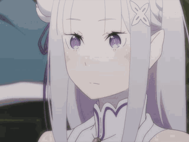 a girl with white hair and purple eyes has a flower on her ear