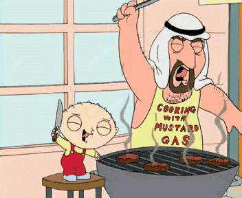 a cartoon shows a man cooking with mustard gas