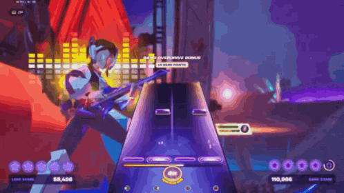 a screenshot of a video game with a character playing a guitar and a purple background