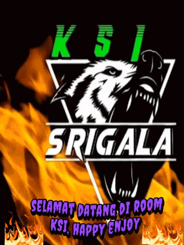 a logo for ksi srigala with a wolf and flames in the background