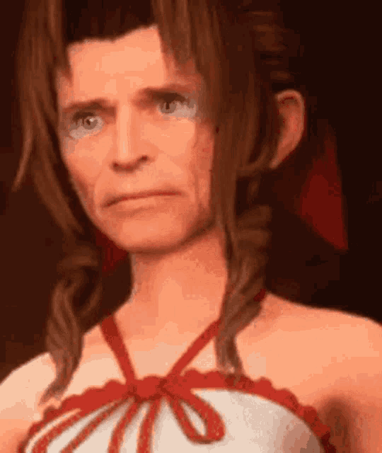 a close up of a woman 's face in a video game . she is wearing a red and white dress .