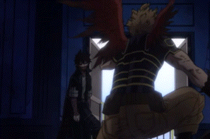 two anime characters are standing next to each other in a room