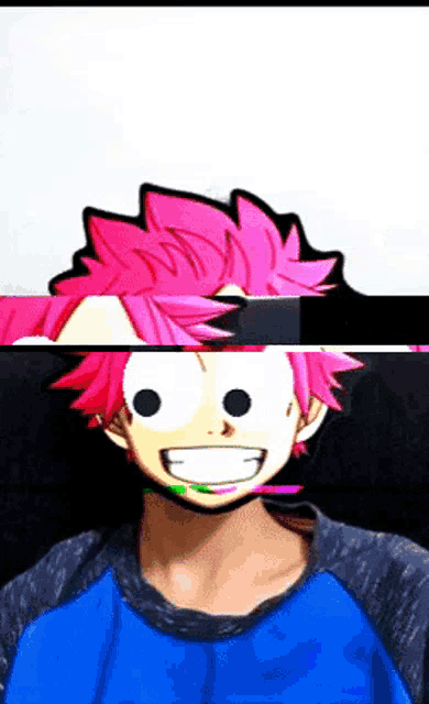 a man with pink hair and a blue shirt is smiling