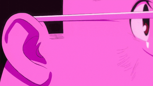 a close up of a pink cartoon character 's eye with a magnifying glass