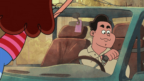 a cartoon man is driving a car with a tag on the back seat