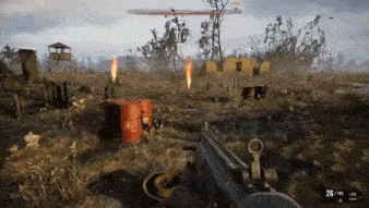 a person is holding a gun in a video game while standing in a field .