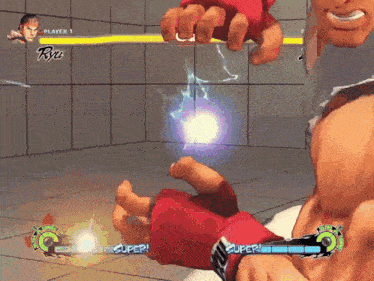 ryu is playing a video game against a player 2