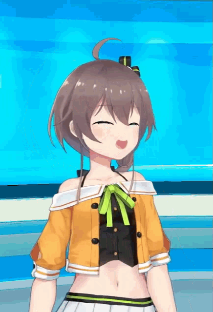 a girl with brown hair is wearing a yellow jacket and a green bow .