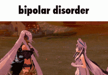 two anime characters are standing next to each other with the words bipolar disorder written above them