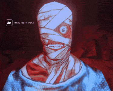 a pixelated image of a mummy with bandages on his face and the words made with pika above it