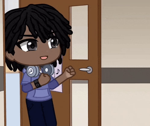 a cartoon character wearing headphones and a watch stands in front of a door