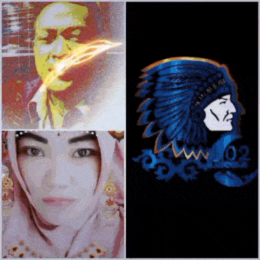 a collage of images including a woman a man and a native american chief