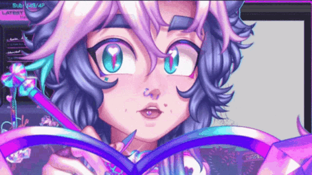 a drawing of a girl with purple hair and a purple ribbon in her hands