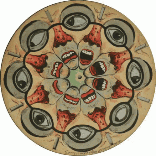 a circular drawing of a man 's faces with mouths open