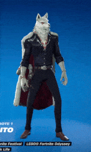 a man with a wolf 's head is wearing a black suit