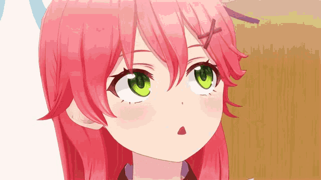 an anime girl with pink hair and green eyes