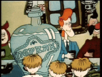 a group of cartoon characters are sitting around a table with a large bottle that says ncp3ak on it