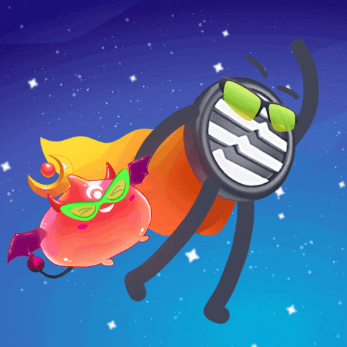 a cartoon character wearing sunglasses and a cape is flying through space