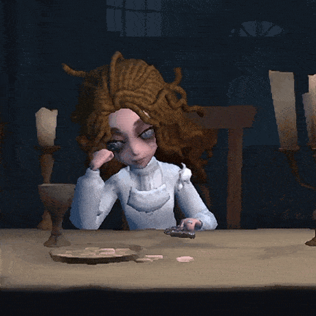 a cartoon character sitting at a table with a plate of food