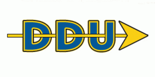 a blue and yellow logo for ddu with an arrow