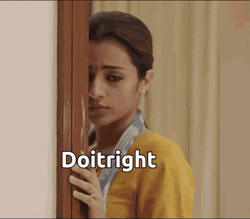 a woman is peeking out from behind a door and the word doitright is on the screen