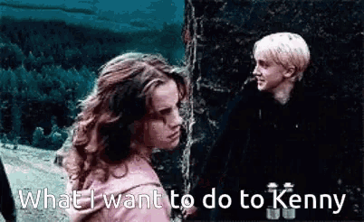a girl and a boy standing next to each other with the words what i want to do to kenny