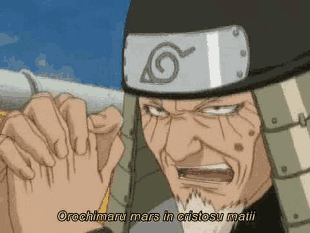 a cartoon of a man with a beard wearing a helmet and a headband with a naruto logo on it .