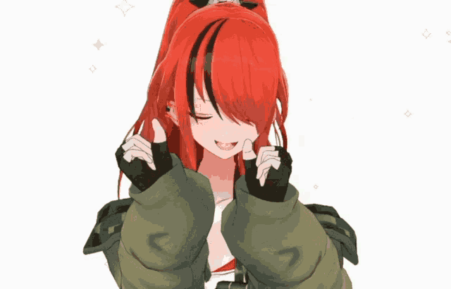 a girl with red hair is wearing a green jacket with the letter c on the sleeve