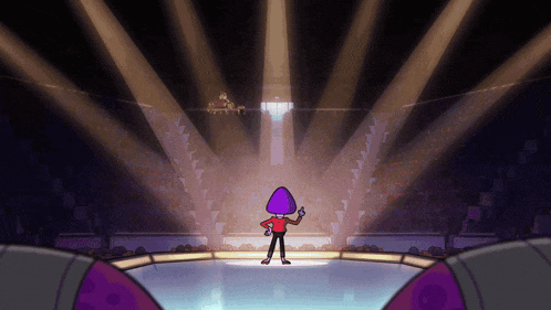 a cartoon character with a purple mushroom hat is standing in front of a crowd