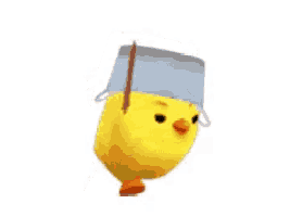 a yellow chicken wearing a hat and holding a sword is running .