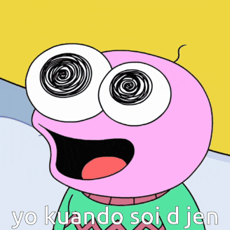 a cartoon character with swirling eyes and the words yo kuando soi d jen below it