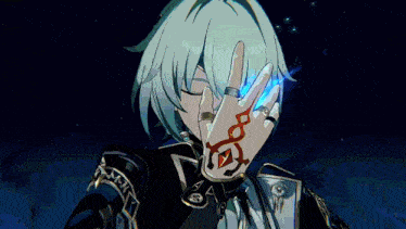a cartoon character with blue hair and a ring on his finger is holding a fireball in front of his face .