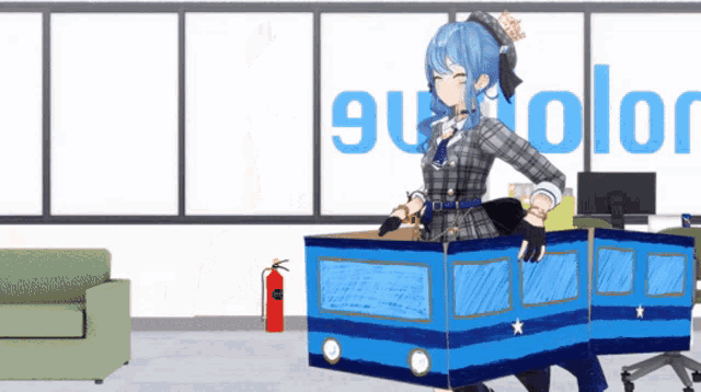 a girl in a plaid dress is carrying a cardboard box that looks like a bus