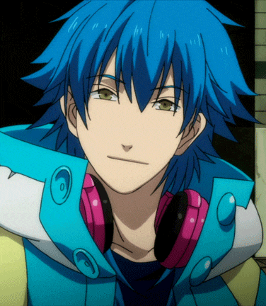 a blue haired anime character with headphones on his neck