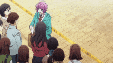 a girl with pink hair is standing in front of a yellow tape that says keep out