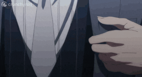 a man in a suit and tie is being touched by a woman 's hand