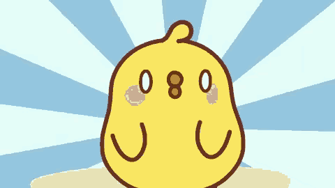 a yellow cartoon chicken is standing on a blue background with a striped background .