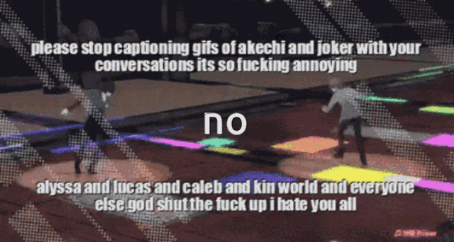 a gif of people dancing with the words please stop captioning gifs of akechi and joker with your conversation