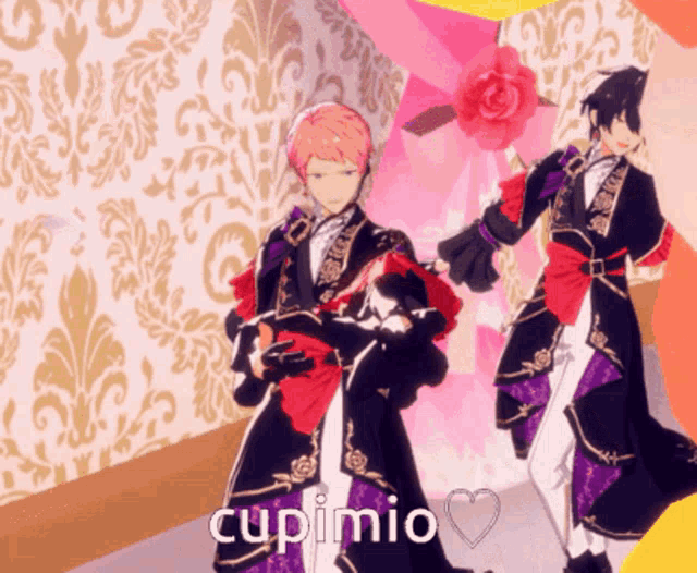 a couple of anime characters are standing next to each other and the word cupimio is on the bottom right