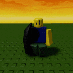 a roblox character is standing on a green tile floor with a sunset in the background .