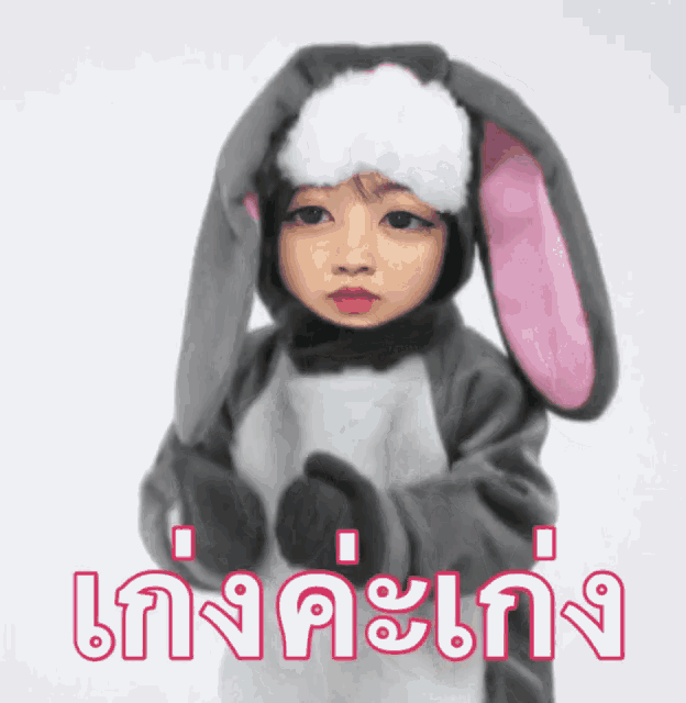 a little girl dressed in a bunny costume with chinese writing on the bottom right