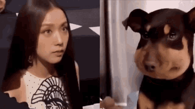 a woman and a stuffed dog are sitting next to each other and looking at each other .