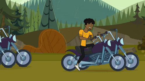 a man in a yellow shirt is riding a purple motorcycle