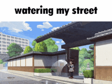 a cartoon of a girl holding an umbrella with the words watering my street below her
