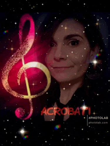 a picture of a woman with a treble clef and the word acrobati in red